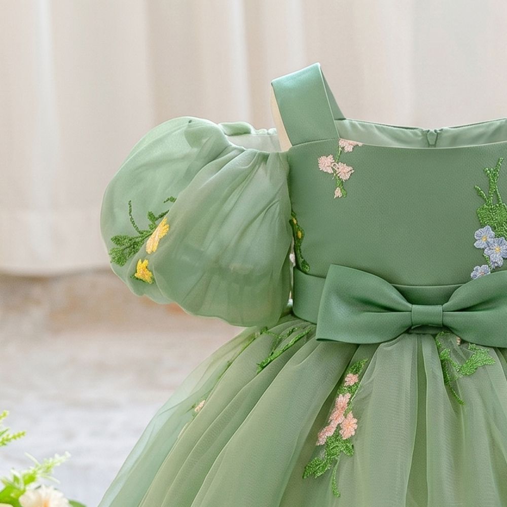 Sugar Rush - Square Neck Embroidered Party Dress - Green