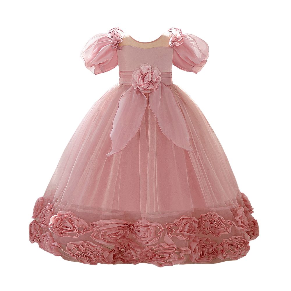 Sugar Rush - Short Sleeves Floral Appliqued Party Dress - Pink
