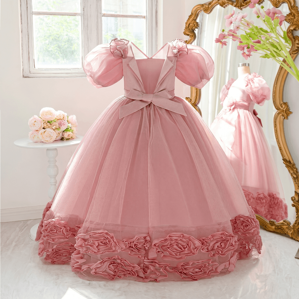 Sugar Rush - Short Sleeves Floral Appliqued Party Dress - Pink