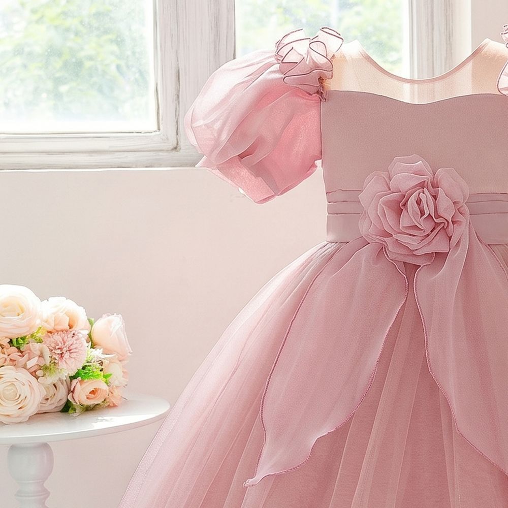 Sugar Rush - Short Sleeves Floral Appliqued Party Dress - Pink