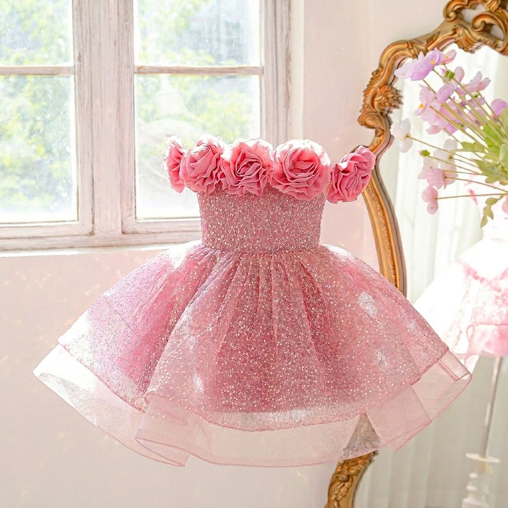 Sugar Rush - Sleeveless Appliqued Square Neck Dress - Pink