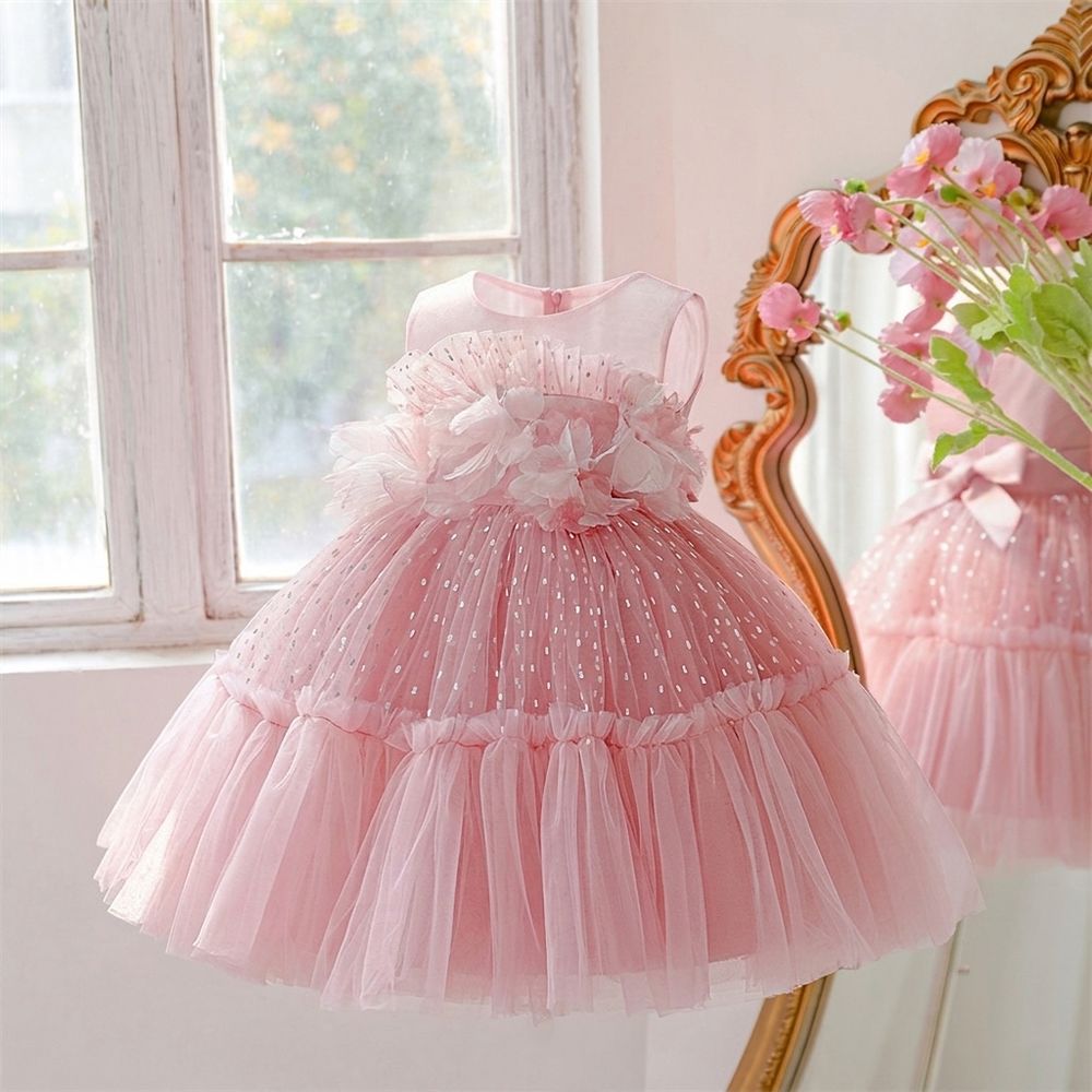 Sugar Rush - Sleeveless Floral Appliqued Party Dress - Pink