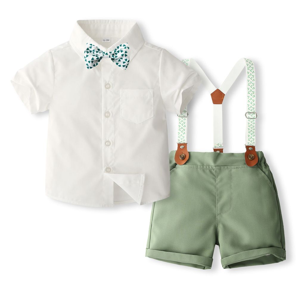 Sugar Rush Boy's Solid Shirt, Shorts with Bow and Suspender White/Green - 4 Pcs