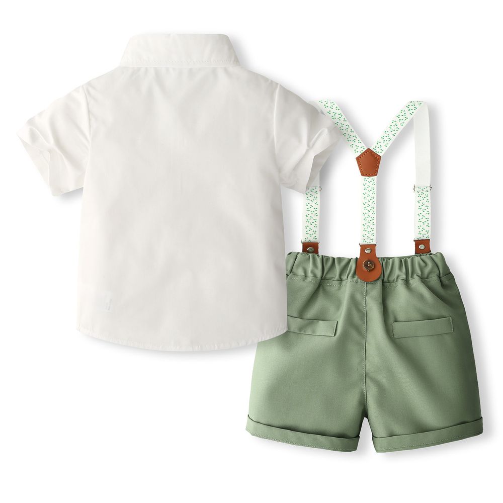 Sugar Rush Boy's Solid Shirt, Shorts with Bow and Suspender White/Green - 4 Pcs