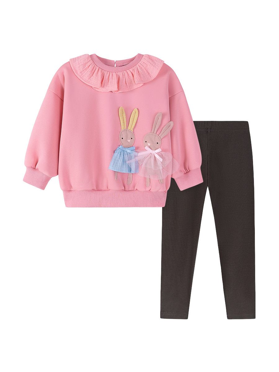 Sugar Rush Girls' Appliqued Round Neck Top & Pants Pink/Black - 2 Pcs