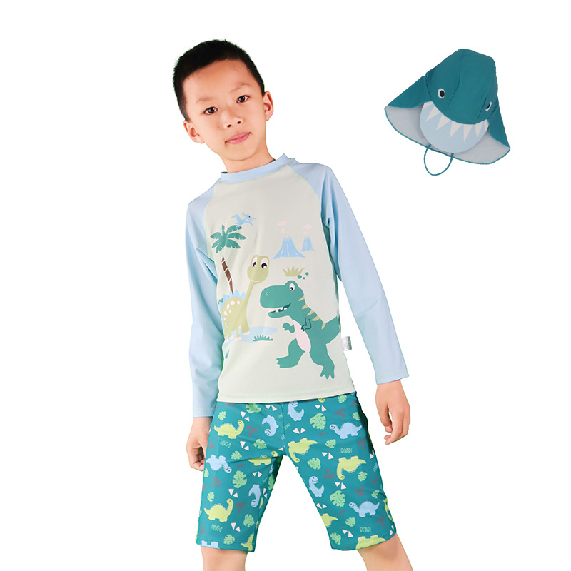 Sugar Rush Boys' Dinosaur Printed Swim T-Shirt with Shorts & Cap - Blue - 3 Pcs