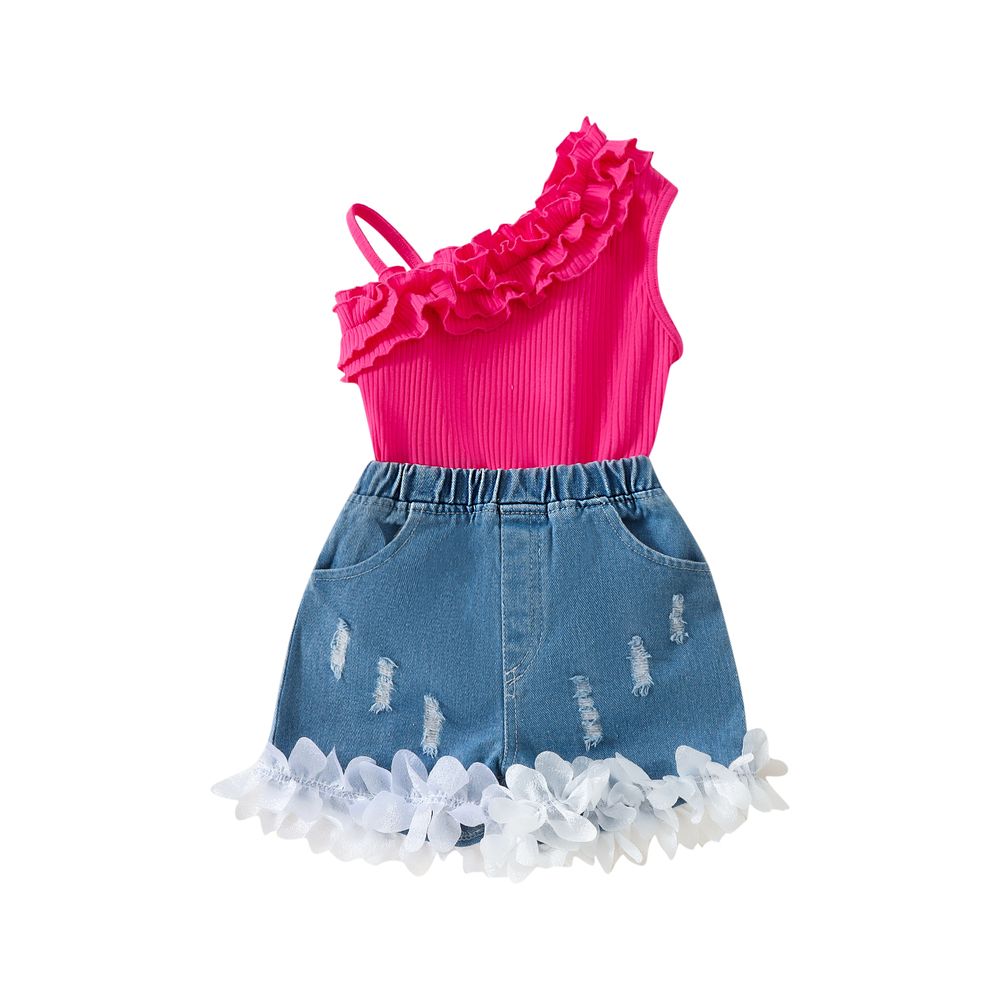 Sugar Rush Girls' Appliqued One Shoulder Top & Bottom Fuchsia/Blue - 2 Pcs