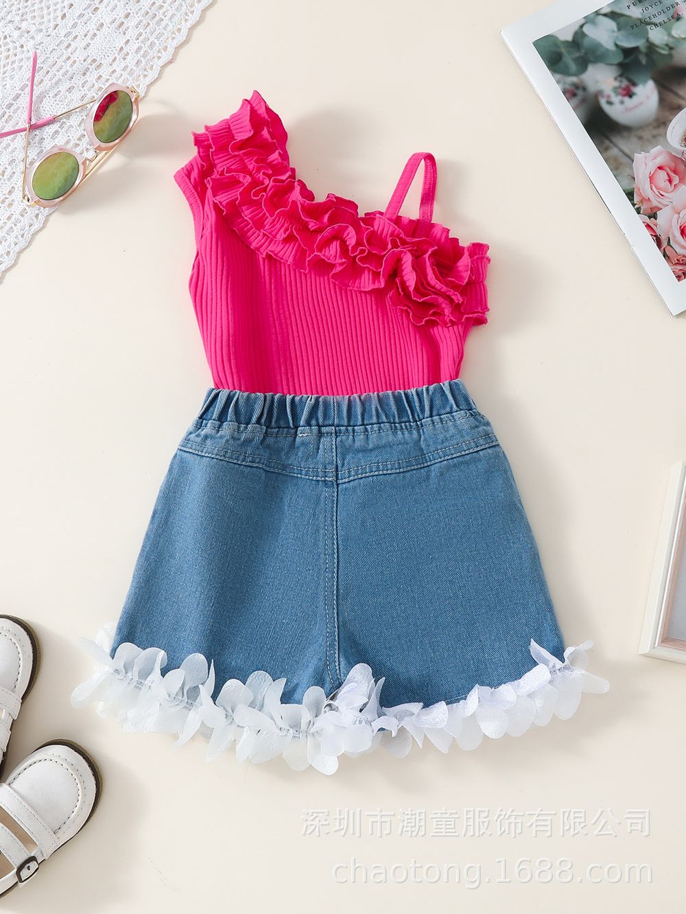 Sugar Rush Girls' Appliqued One Shoulder Top & Bottom Fuchsia/Blue - 2 Pcs