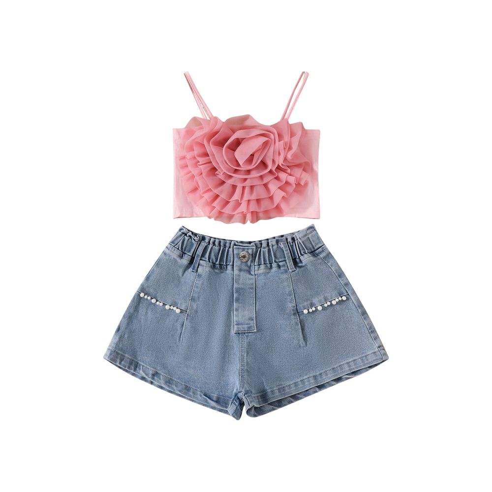 Sugar Rush Girls' Appliqued Spaghetti Top & Shorts Pink/Blue - 2 Pcs