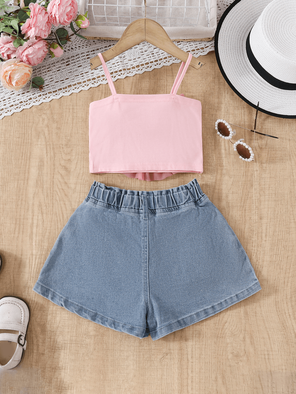 Sugar Rush Girls' Appliqued Spaghetti Top & Shorts Pink/Blue - 2 Pcs