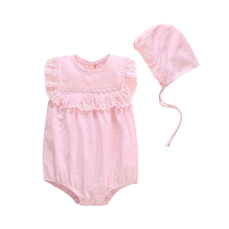 Sugar Rush Baby Girls' Laced Sleeveless Romper & Cap - Pink - 2 Pcs