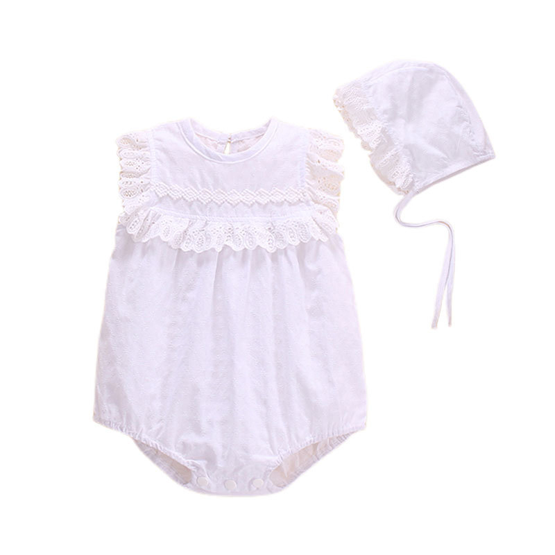 Sugar Rush Baby Girls' Laced Sleeveless Romper & Cap - White - 2 Pcs