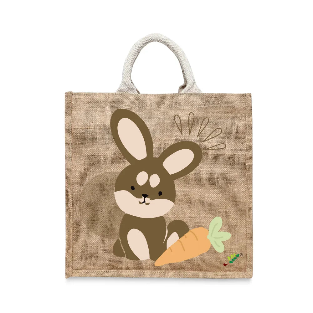 BYFT - Printed Jute Carry-All Tote Bag With Gusset - Rabbit With Carrot