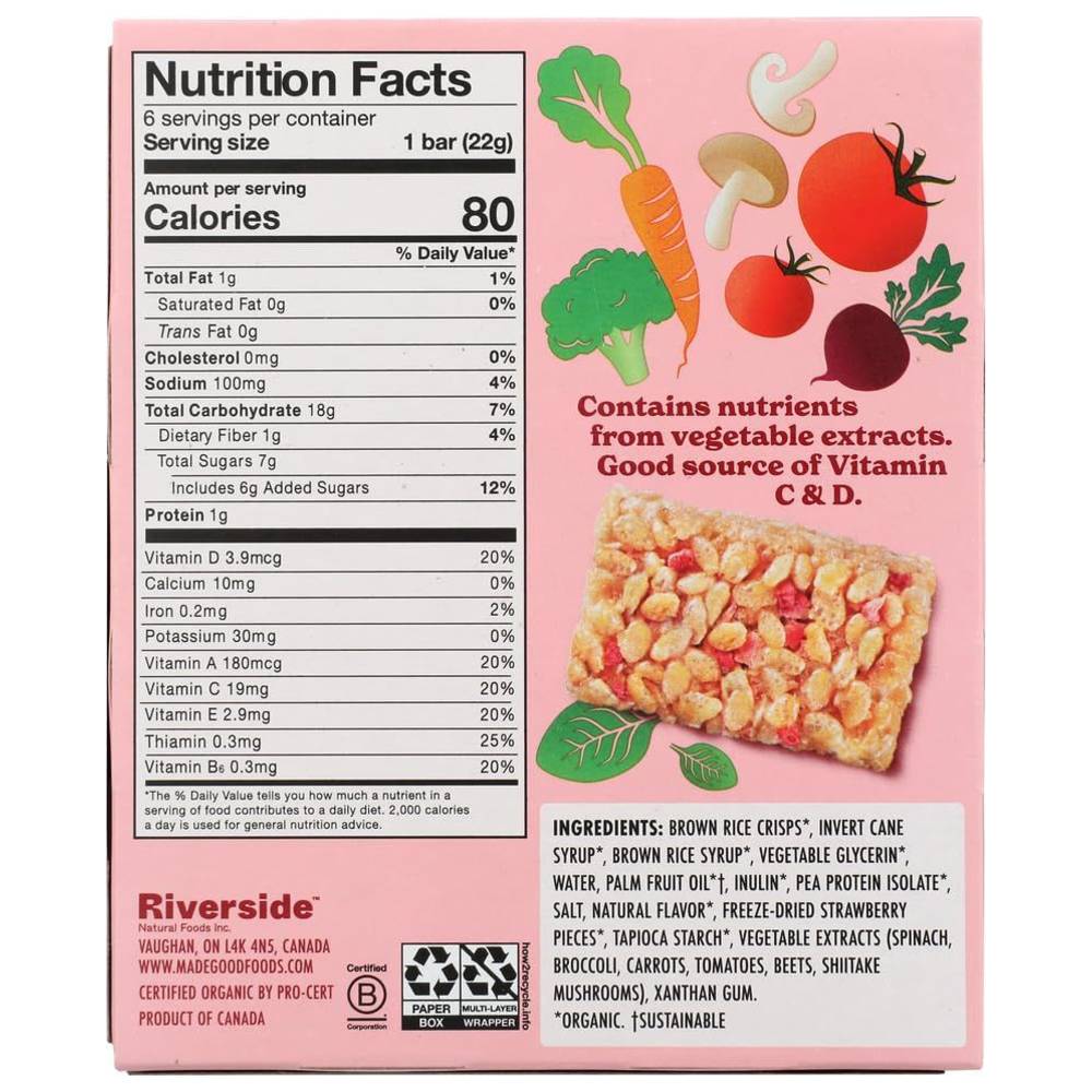 Made Good - Crispy Squares Snack Bar - Strawberry - Pack of 6 - 132 gm