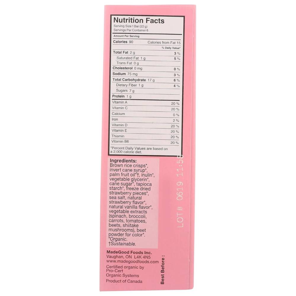 Made Good - Crispy Squares Snack Bar - Strawberry - Pack of 6 - 132 gm