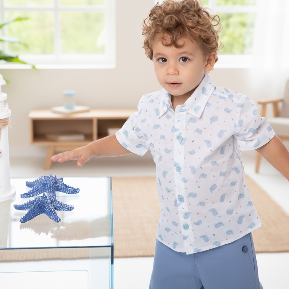 Jules & Juliette Baby Boy's Colin Short Sleeves Cotton Shirt Whale - Blue