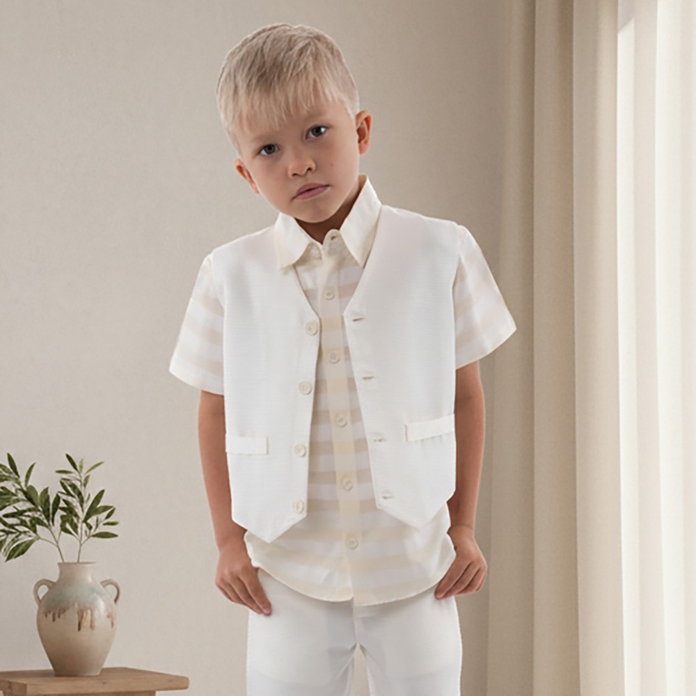 Jules & Juliette Boy's Colin Short Sleeves Cotton Shirt Openwork - Off-White