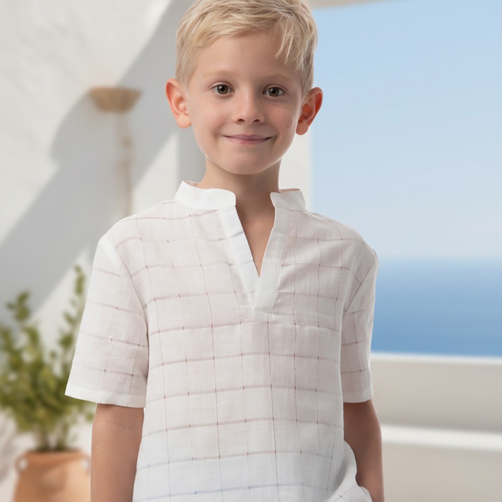 Jules & Juliette Boy's Dev Short Sleeves Linen Shirt Openwork - White