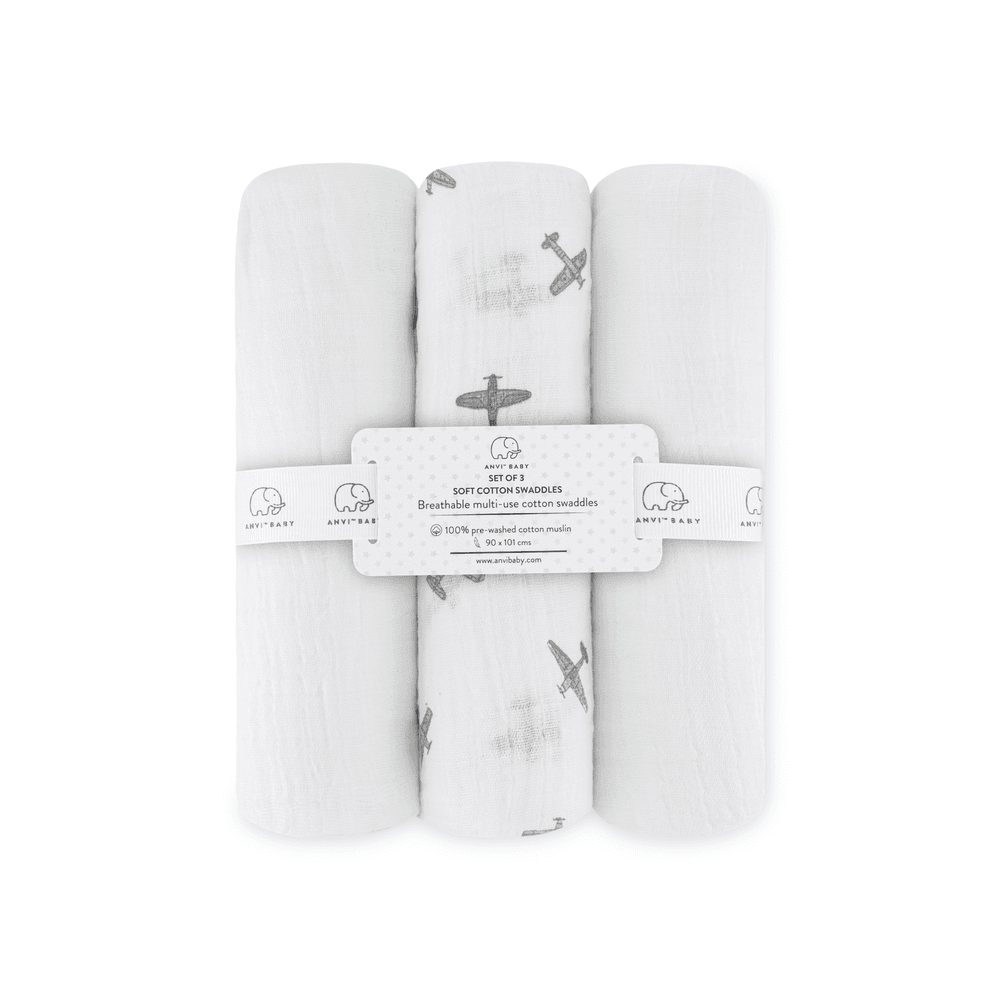 Anvi Baby - Cotton Swaddle - Airplane Design - Pack Of 3