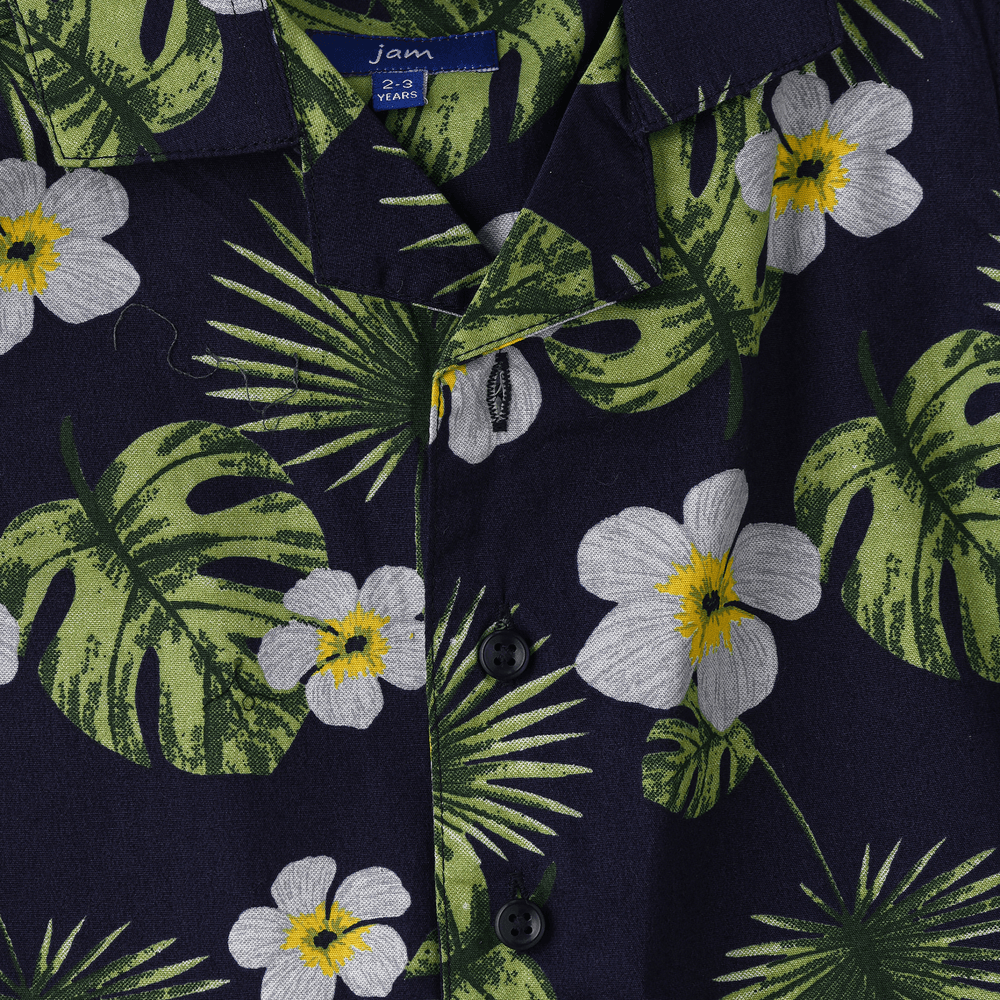 Jam Boy's Woven Cotton Hawaiian Floral Shirt Blue/Green/White - Navy