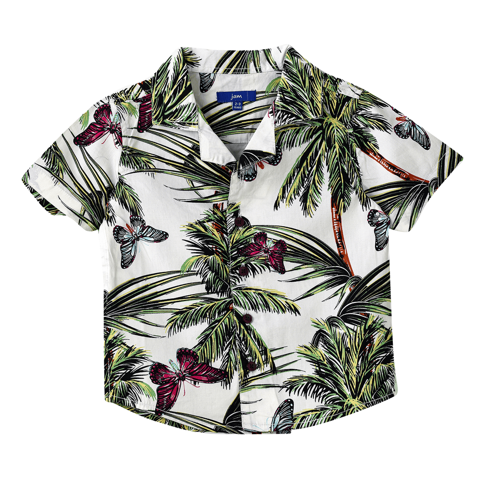 Jam Boy's Woven Cotton Tropical Butterfly Shirt - White/Green/Pink
