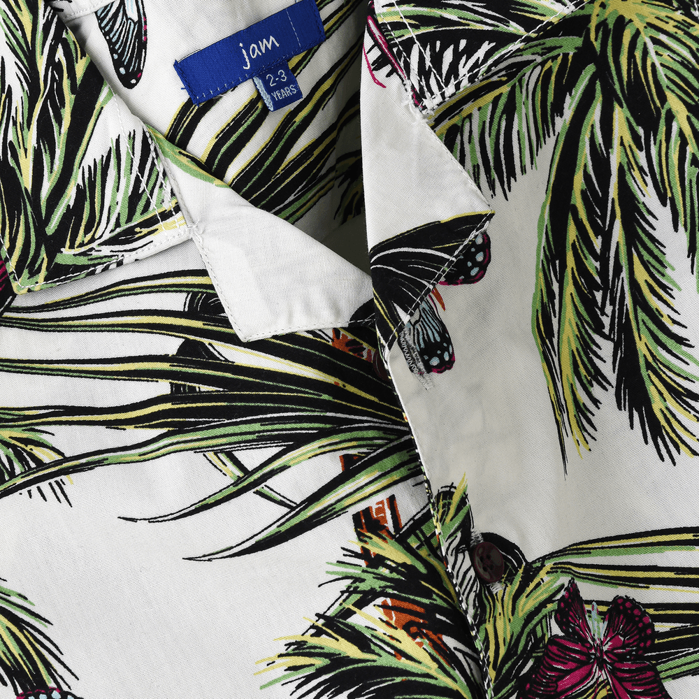 Jam Boy's Woven Cotton Tropical Butterfly Shirt - White/Green/Pink