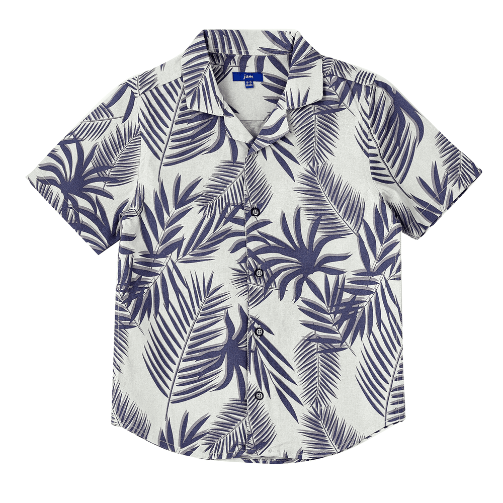Jam Boy's Woven Cotton Tropical Leaf Print Shirt - Light Grey/Navy