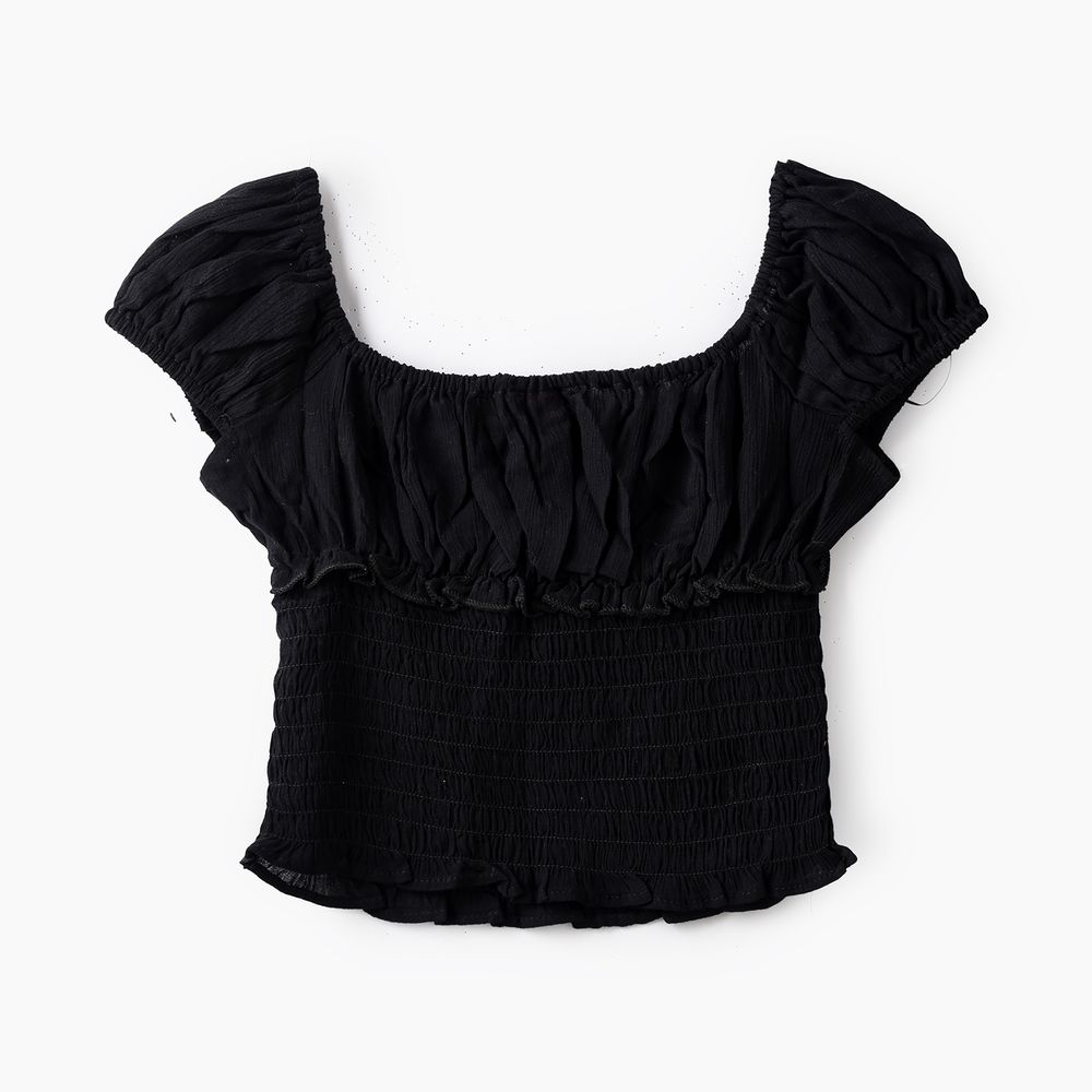 Jelliene Girl's Woven Viscose Shirred Off-Shoulder Blouse - Black