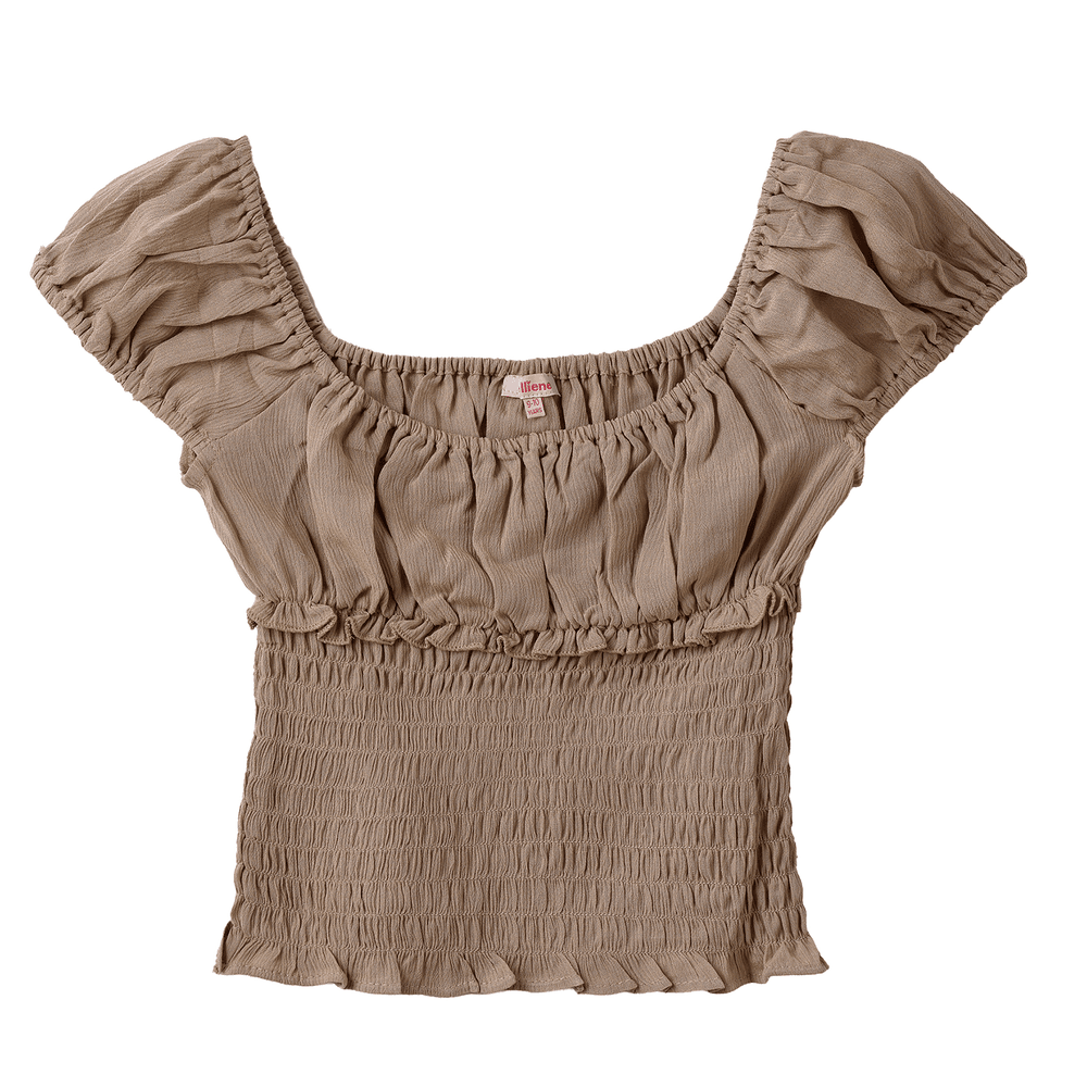 Jelliene Girl's Smocked Ruffle Short Sleeve Top - Beige