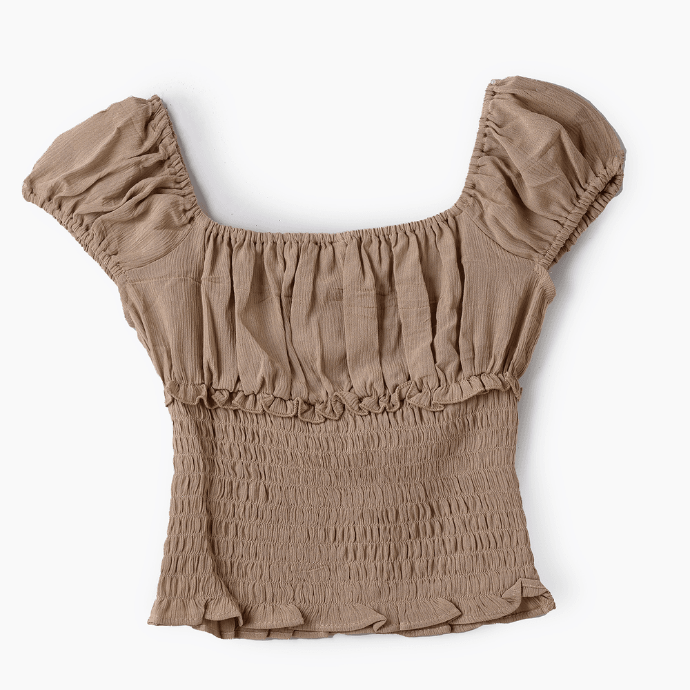 Jelliene Girl's Smocked Ruffle Short Sleeve Top - Beige