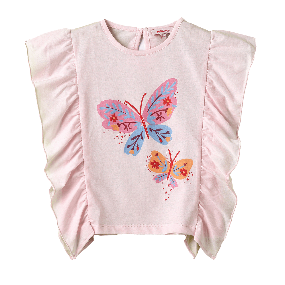 Jelliene Girl's Butterfly Print Ruffle Top - Pink