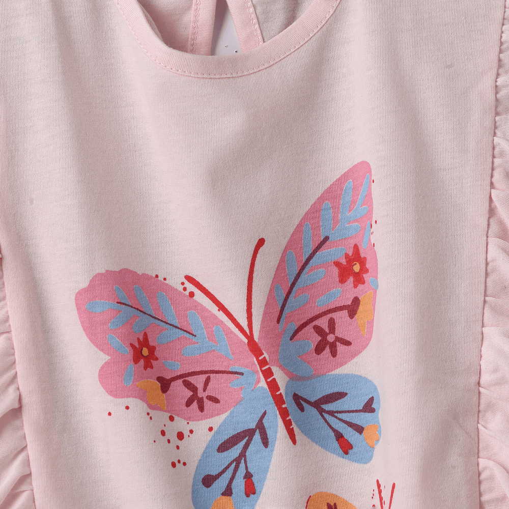 Jelliene Girl's Butterfly Print Ruffle Top - Pink