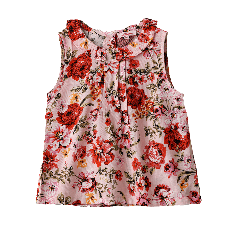 Jelliene Girl's Floral Sleeveless Frill Top - Pink