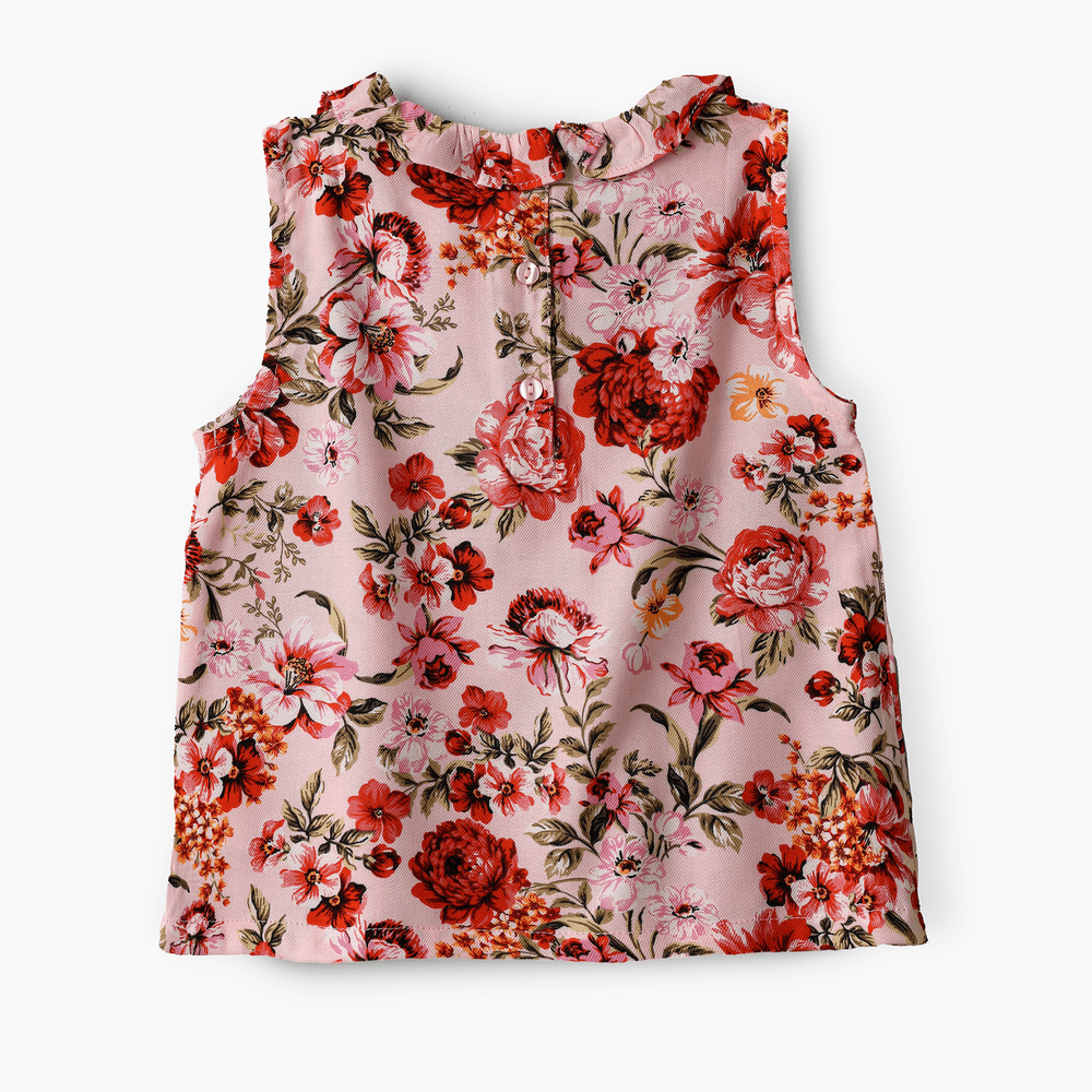 Jelliene Girl's Floral Sleeveless Frill Top - Pink