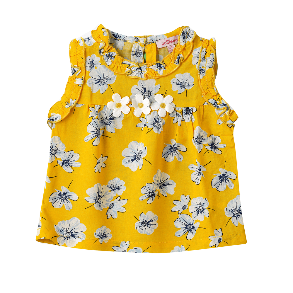 Jelliene Girl's Floral Sleeveless Ruffle Top - Yellow