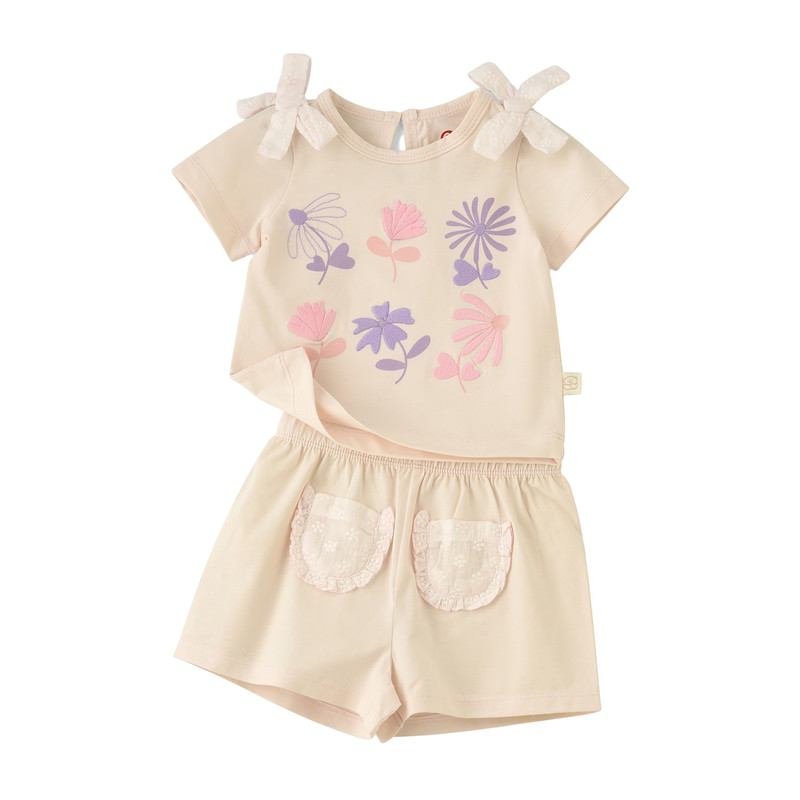 Elegant Kids Baby Girls' Short Sleeves Top & Shorts - Beige - 2 Pcs