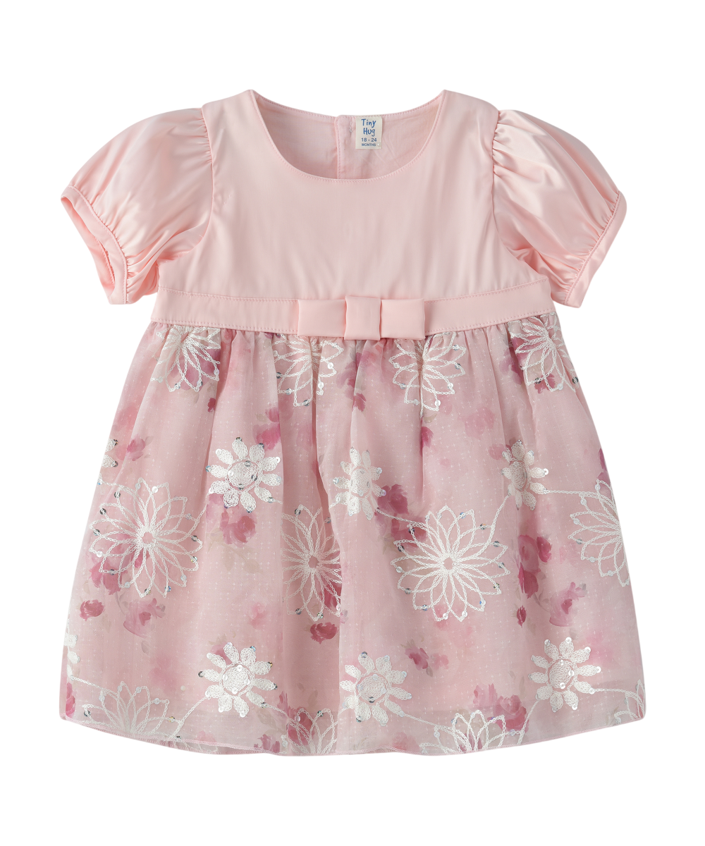 Tiny Hug - Baby Girl Floral Embroidered Dress - Pink