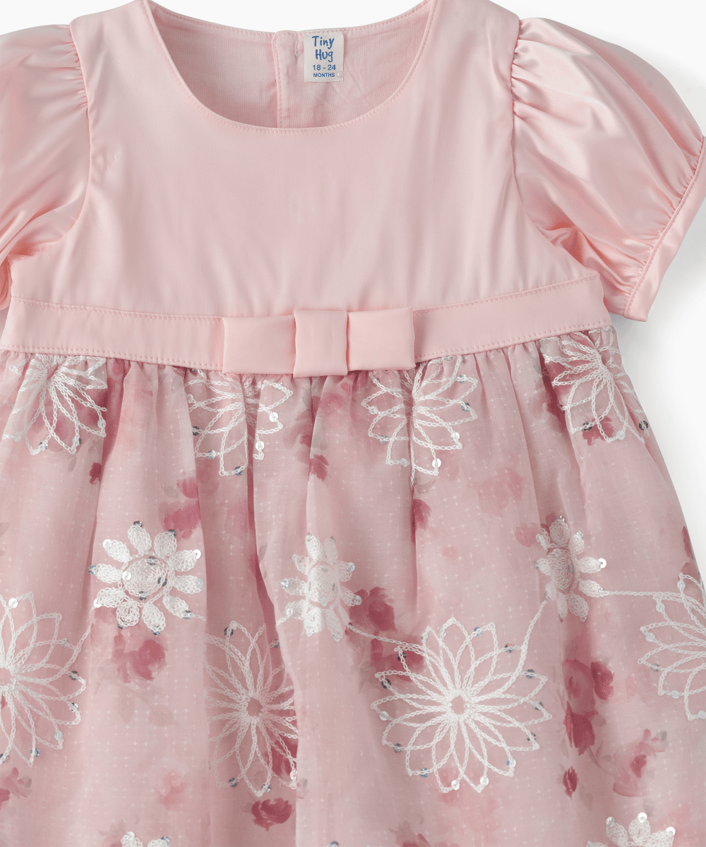 Tiny Hug - Baby Girl Floral Embroidered Dress - Pink
