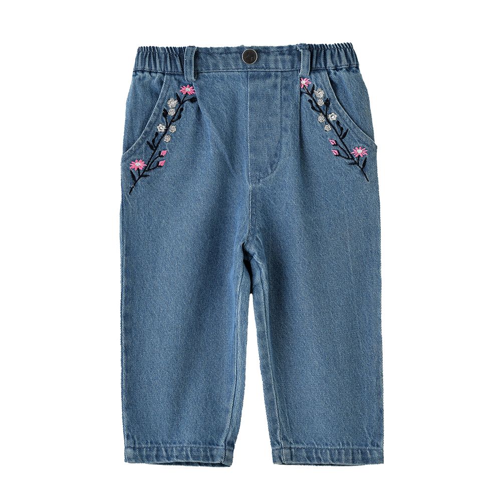 Jelliene Girls Pants with Floral Embroidery - Denim