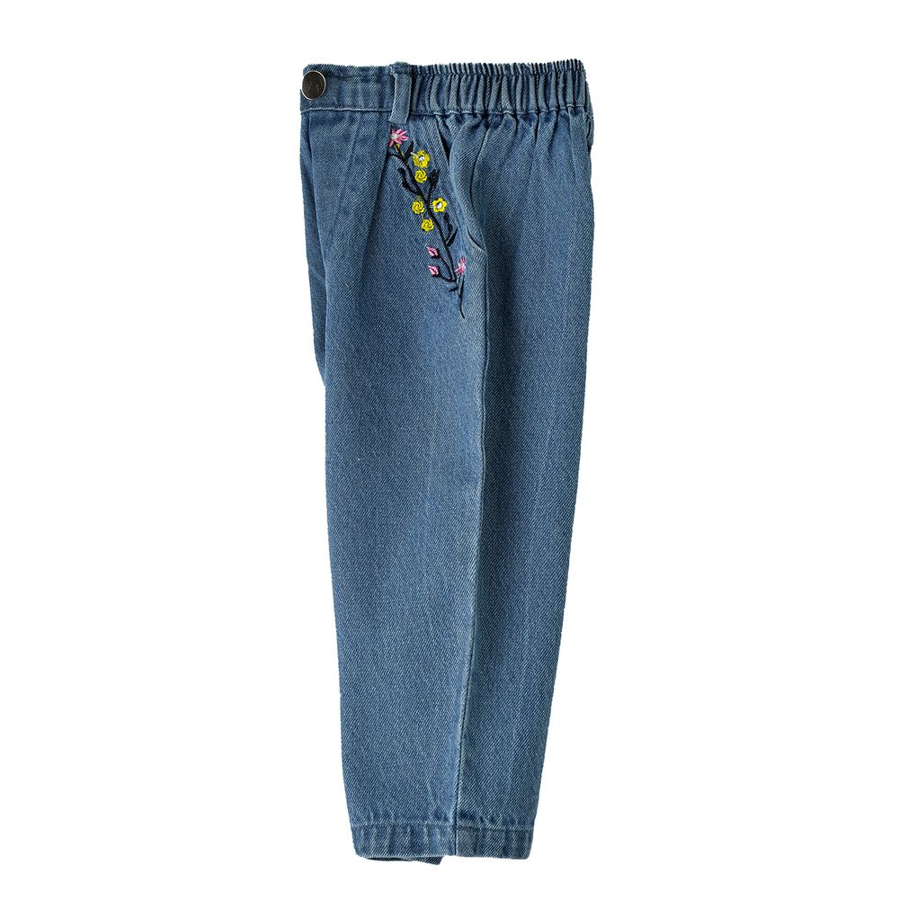 Jelliene Girls Pants with Floral Embroidery - Denim
