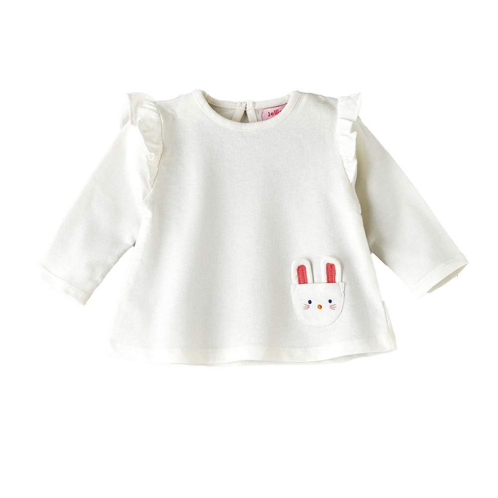 Jelliene Baby Top with Bunny Pocket and Ruffles - White