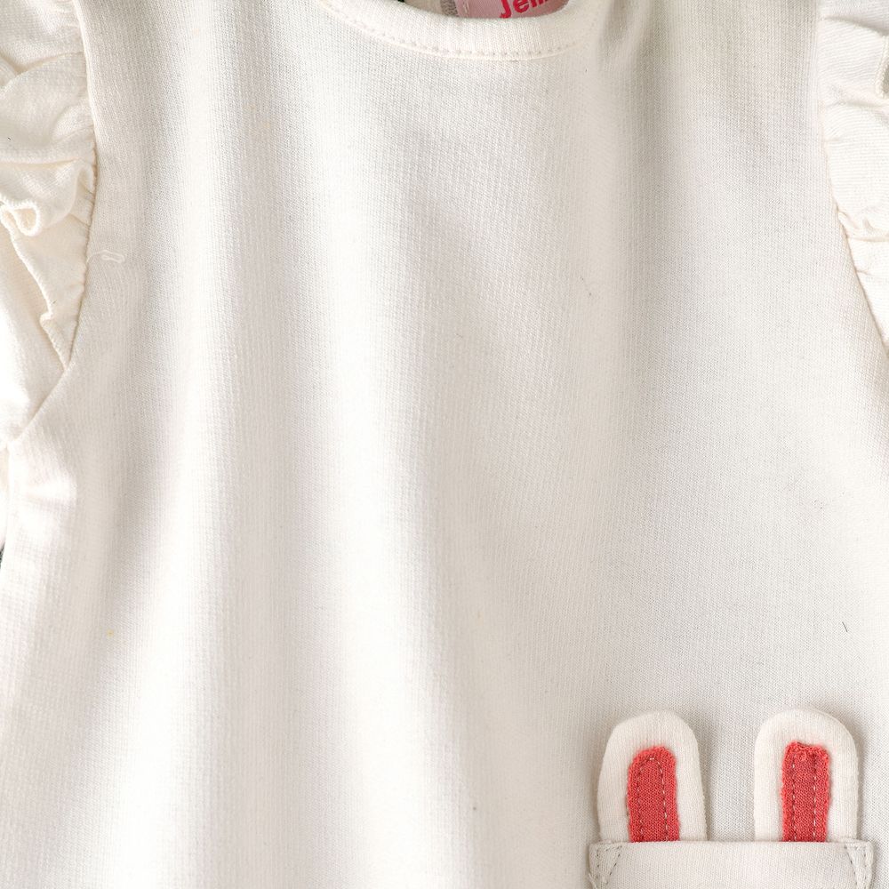 Jelliene Baby Top with Bunny Pocket and Ruffles - White