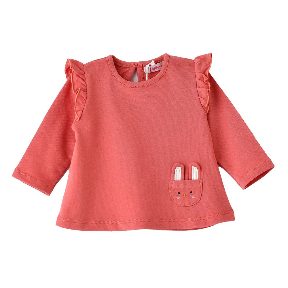 Jelliene Baby Top with Bunny Pocket and Ruffles - Coral