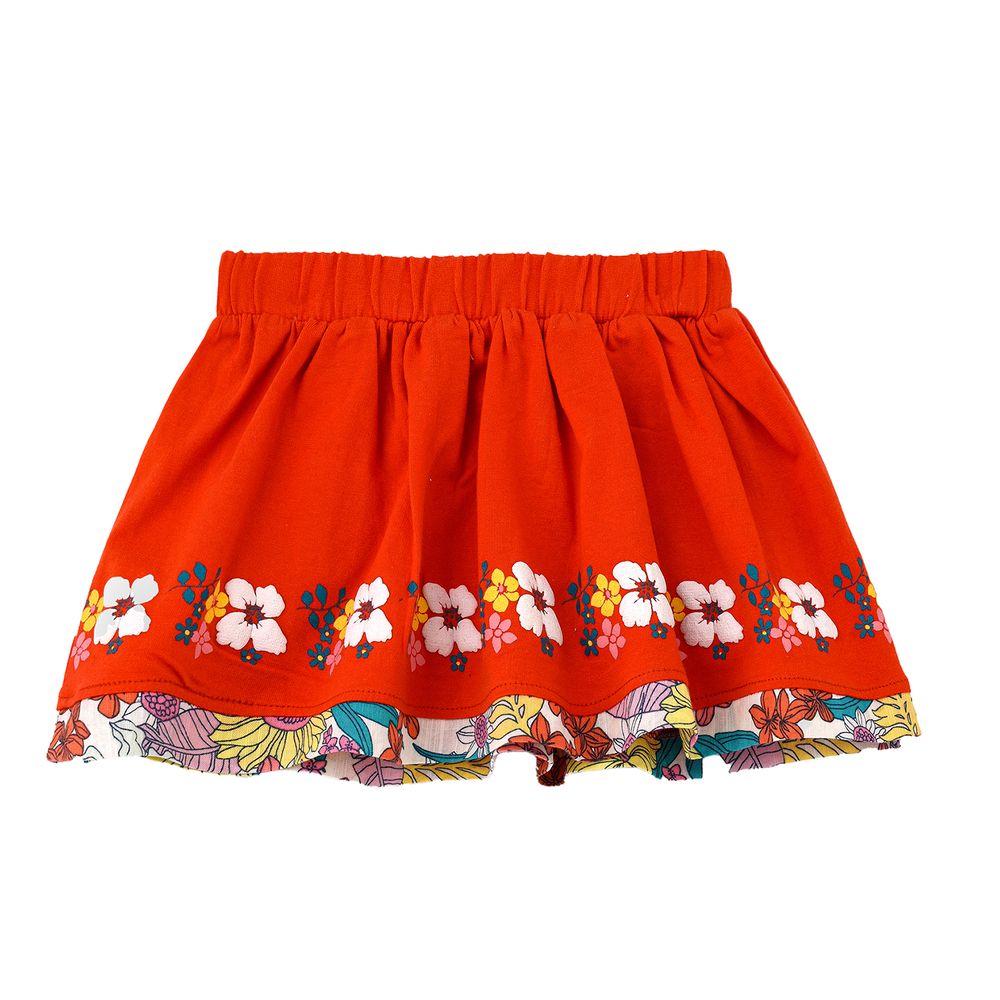 Jelliene Vibrant Floral Cotton-Elastane Skirt for Girls - Red