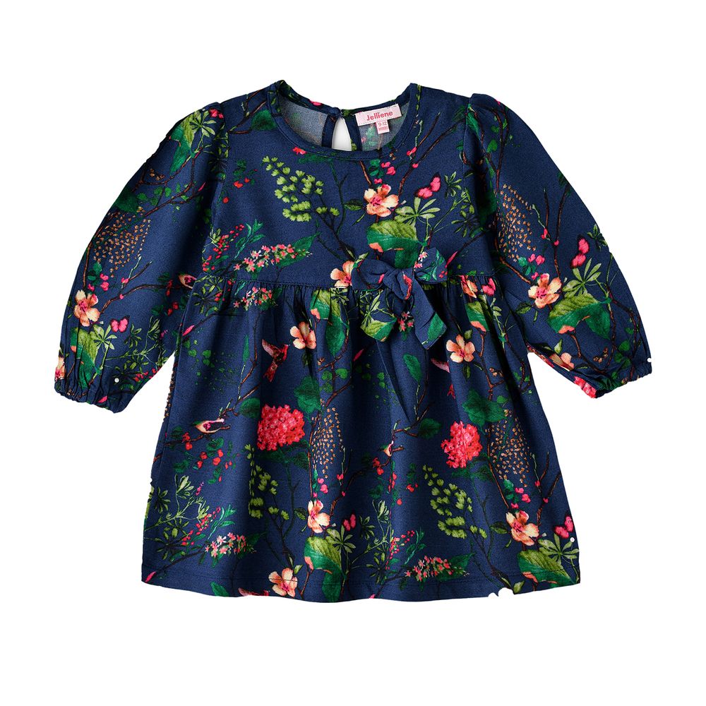 Jelliene Girl's Floral Print Long Sleeve Bow Dress