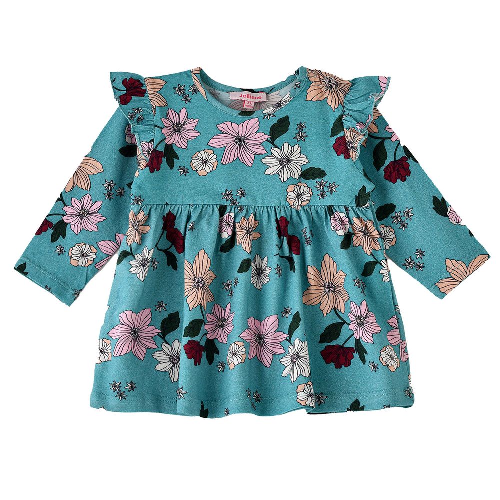 Jelliene Girl's Floral Ruffle Long Sleeve Dress - Green