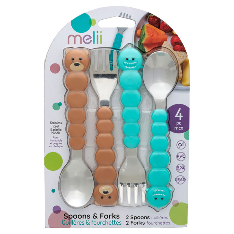 Melii Spoons & Forks Set - 4pcs - Brown Bear & Turquoise Shark