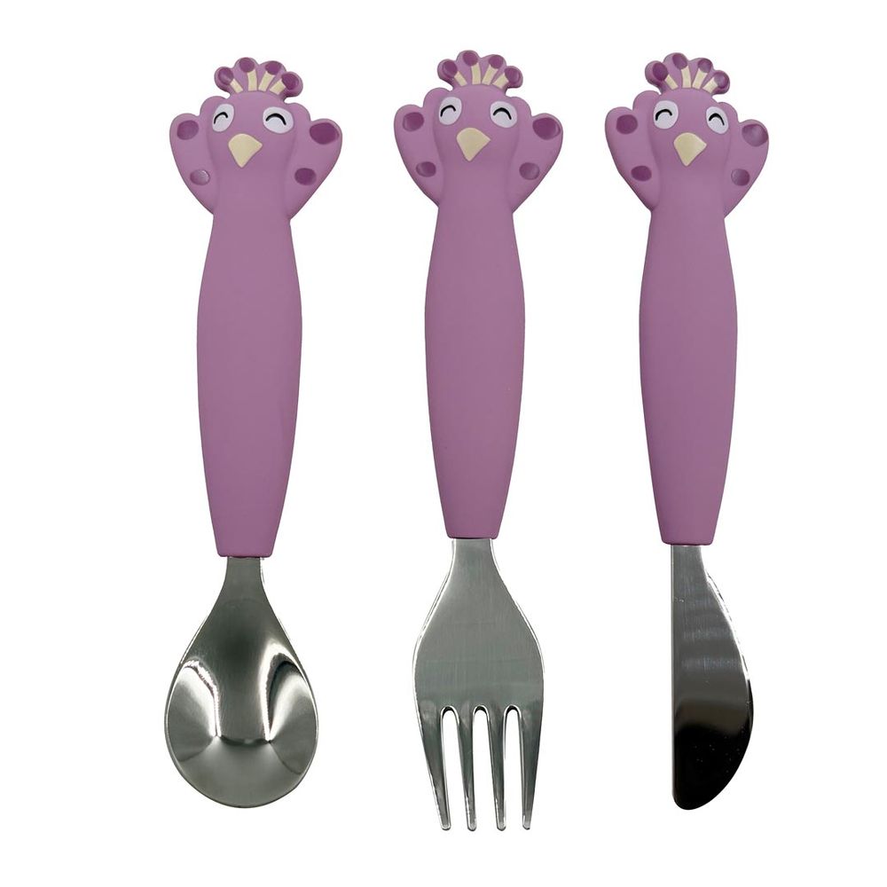 Trixie - Kids' Stainless Steel Cutlery With Silicone Handle - Mrs. Peacock - 3 Pcs