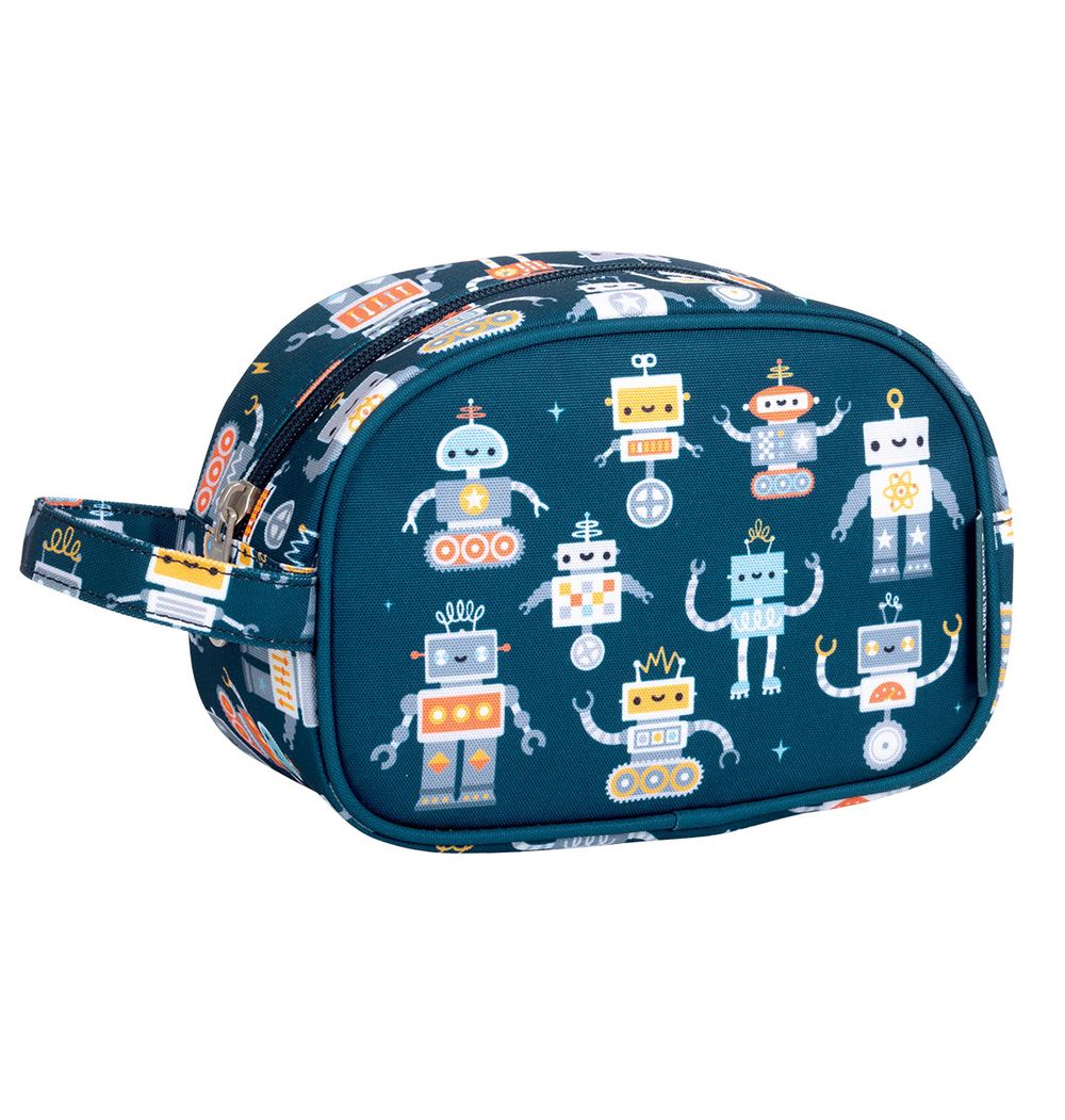A little Lovely Company - Robots Print Kids Toiletry Bag - Light Blue