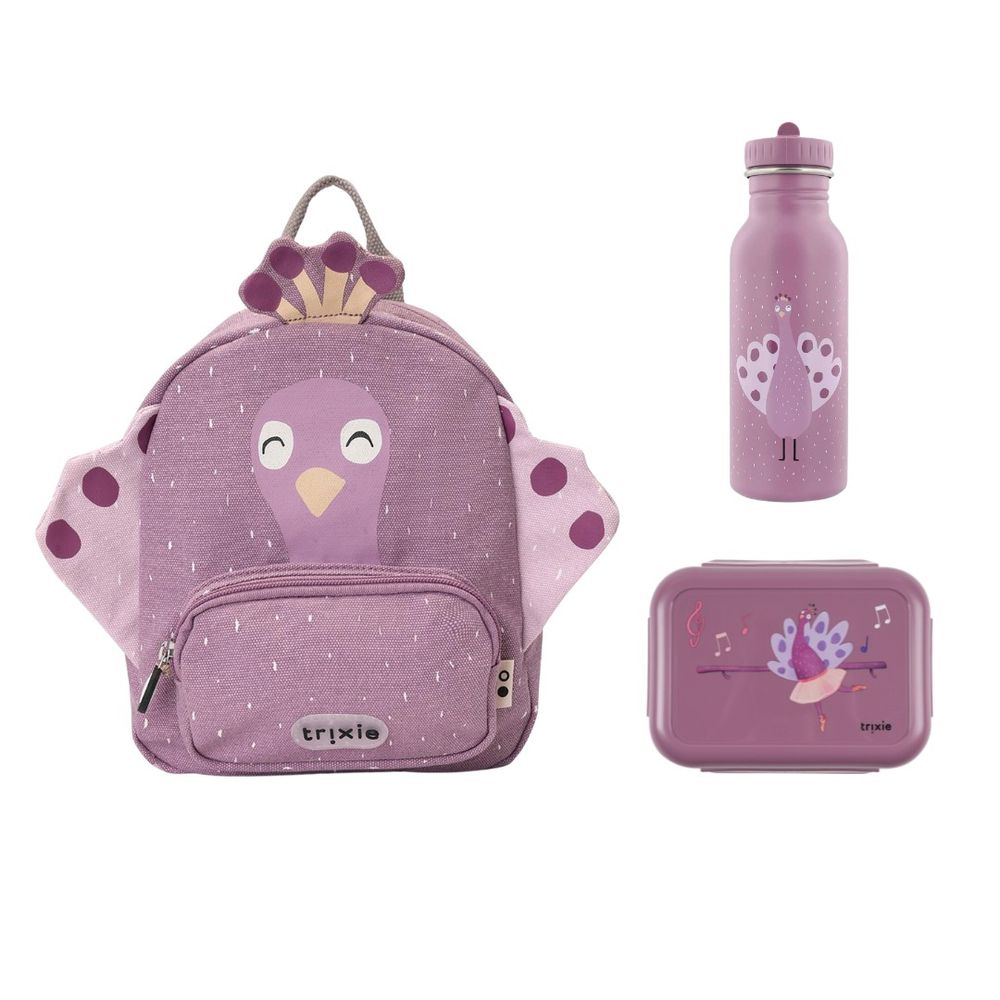 Trixie - Essential School Backpack, Lunch Box & Stainless Steel Water Bottle Set - Mrs. Peacock - 3 Pcs